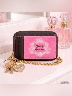 Juicy Couture Heritage Velour Small Wallet 💎 Cardholder with Wristlet Chain Y2K